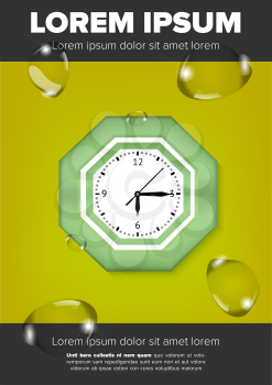 Leaflet design with green clock on a green background with water drops