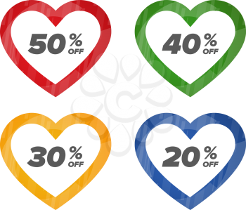 Hearts icons with discount percents. Different colors 