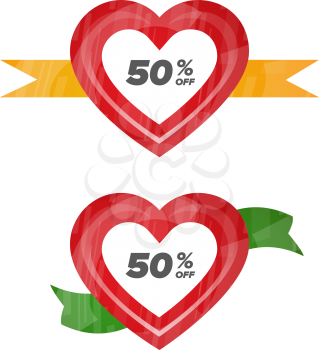 Hearts icons with discount percents. Different colors 