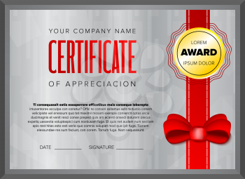 Gray background certificate design with red ribbon and bow