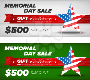 Gray and green voucher template with decorative elements, Memorial day sale