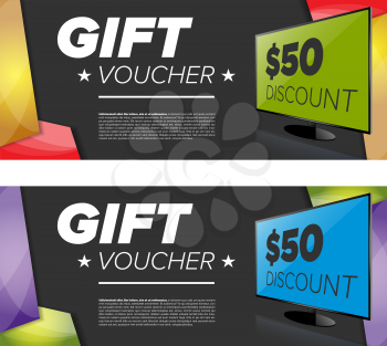 Gift Voucher Or Card with LED TV and abstract background