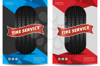 Auto repair service banner with black tire and red ribbon
