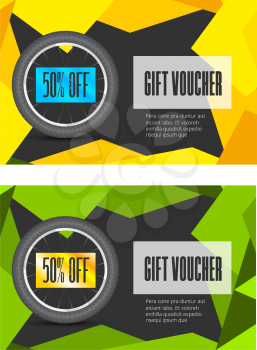 Gift voucher template with bicycle wheel and abstract colored background