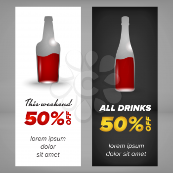 Alcohol banner design with bottle of wiskey and champagne