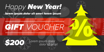 New year gift voucher with tree and red ribbon