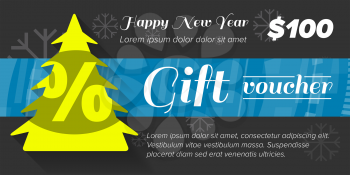 New year gift voucher with tree and blue ribbon