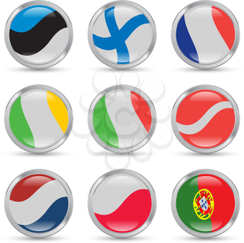 European flags icons set in metallic circles with reflections and shadows