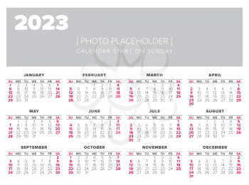 Calendar 2023 year vector design template, start on sunday