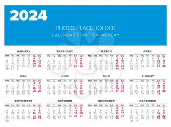 Calendar 2024 year vector design template, start on monday