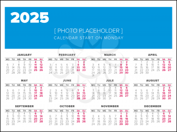 Calendar 2025 year vector design template, start on monday