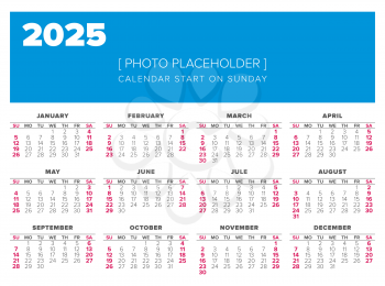 Calendar 2025 year vector design template, start on sunday