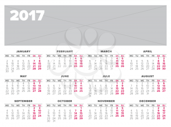 Calendar 2017 year vector design template, start on monday