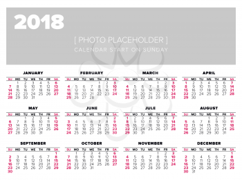 Calendar 2018 year vector design template, start on sunday