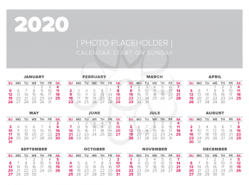Calendar 2020 year vector design template, start on sunday
