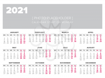 Calendar 2021 year vector design template, start on monday