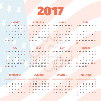 Calendar 2017 with light USA flag background