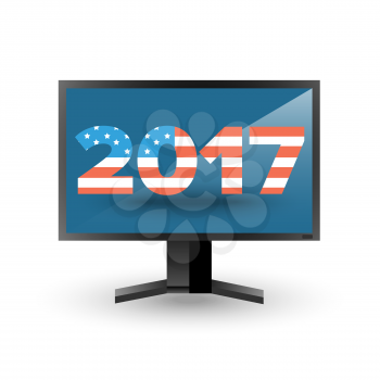 Monitor with new year 2017 sign and american flag background