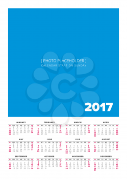 Calendar 2017 year vector design template, start on sunday