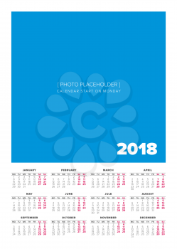 Calendar 2018 year vector design template, start on monday