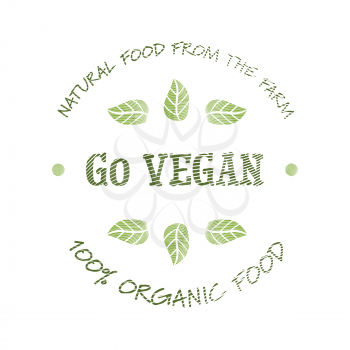 Engraved Go Vegan icon with leafs on white background