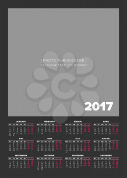 Black Simple 2017 year calendar, week starts on Monday