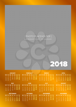 Golden Simple 2018 year calendar, week starts on Monday