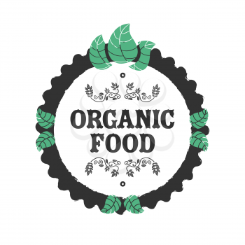 Organic food icon with leafs on white background