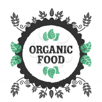 Organic food icon with leafs on white background