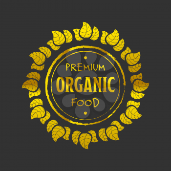 Organic food golden icon with leafs on black background