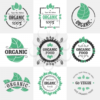 Retro set of organic, bio, vegan, eco, healthy food labels. Hand drawn logo templates with floral and vintage elements for restaurant menu or food package