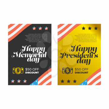 presidents and memorial day banner set with usa flag background