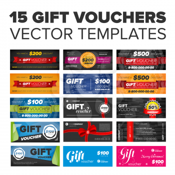 15 vector Gift vouchers set with ribbons and award icons