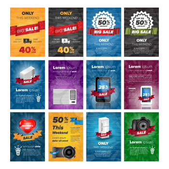 Social media banners pack with electronics on color backgrounds
