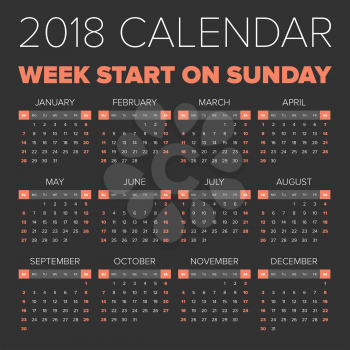 Simple 2018 year calendar, week starts on Sunday