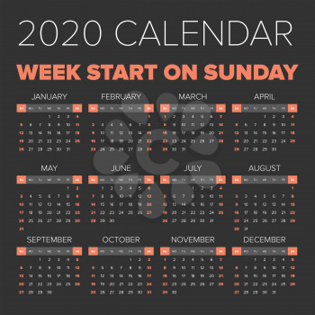 Simple 2020 year calendar, week starts on Monday