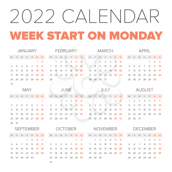 Simple 2022 year calendar, week starts on Monday