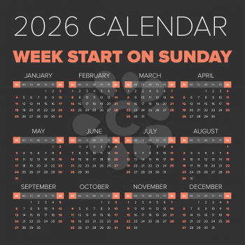 Simple 2026 year calendar, week starts on Sunday