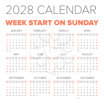 Simple 2028 year calendar, week starts on Monday