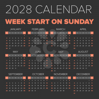 Simple 2028 year calendar, week starts on Sunday