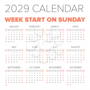 Simple 2029 year calendar, week starts on Monday