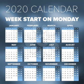 Simple 2020 year calendar, week starts on Monday