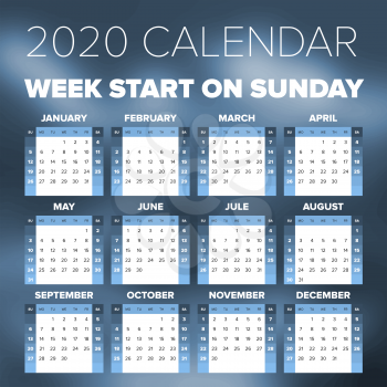Simple 2020 year calendar, week starts on Sunday