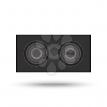 Black audio speaker with shadow on white background