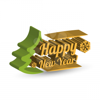 Three dimensional low poly Happy New Year sign with fir tree