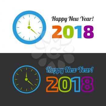 Happy New Year illustration with clock on white and black backgrounds