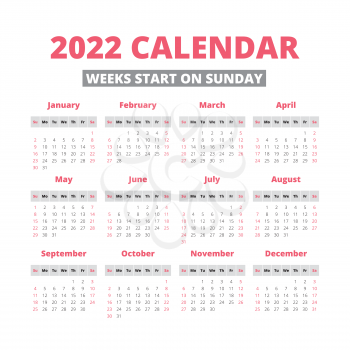 Simple 2022 year calendar, week starts on sunday