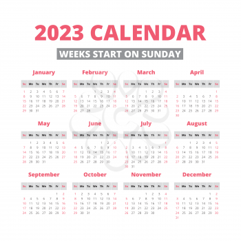 Simple 2023 year calendar, week starts on sunday