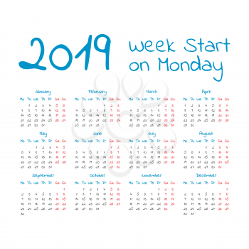 Simple 2019 year calendar, week starts on Monday