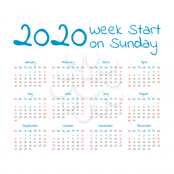 Simple 2020 year calendar, week starts on sunday